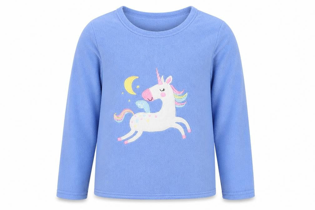 Front view of PJ Collections girls’ blue animal print fleece top pyjama top, size 9-10, years - unicorn