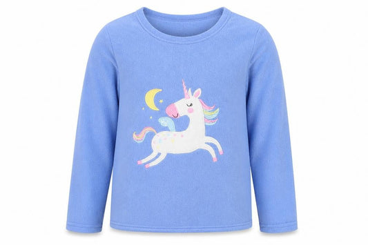 Front view of PJ Collections girls’ blue animal print fleece top pyjama top, size 9-10, years - unicorn