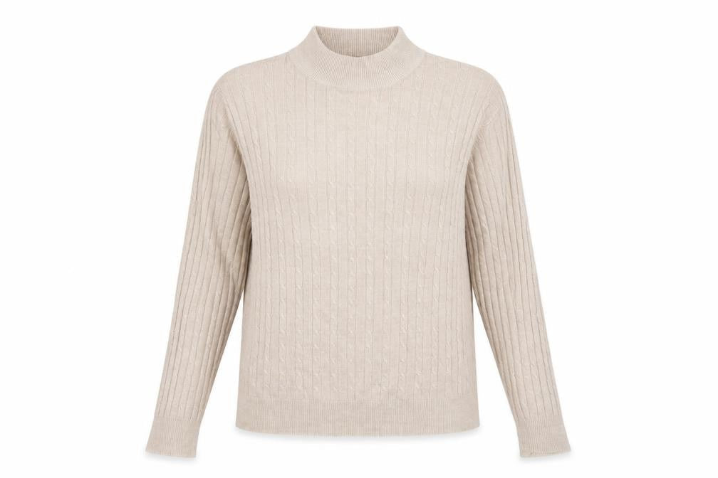 Front view of Marks & Spencer women’s beige knit jumper, size UK 8