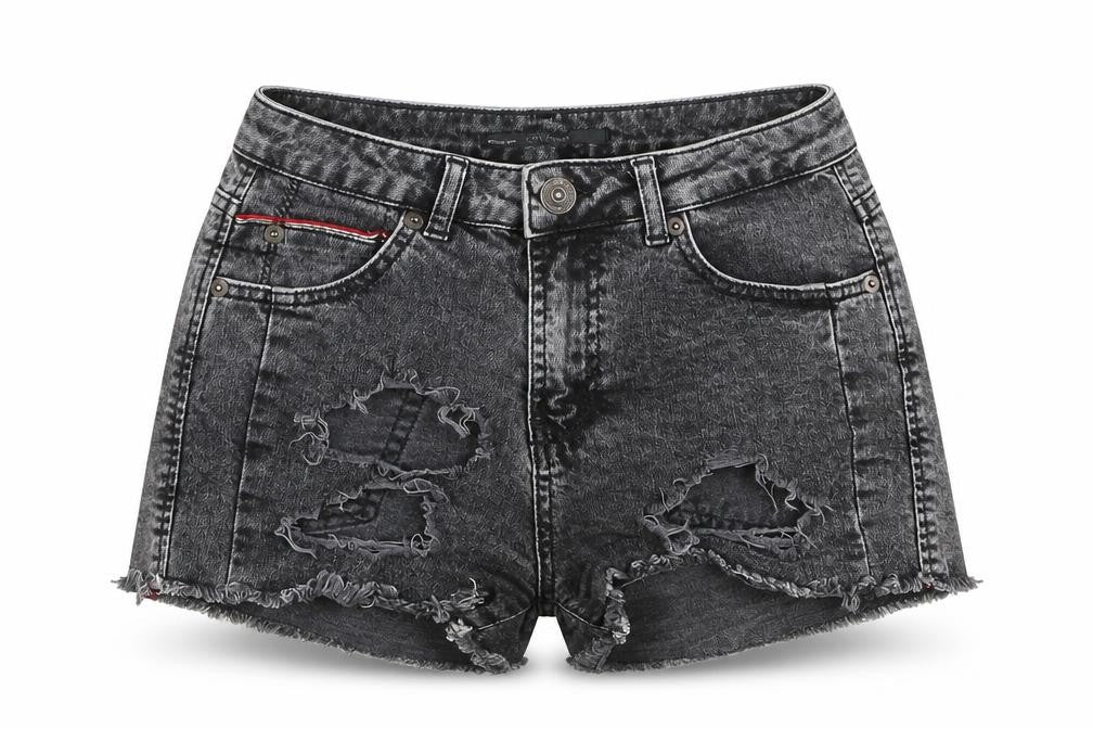 Front view of Collezione women’s black hot pants shorts, size UK 8