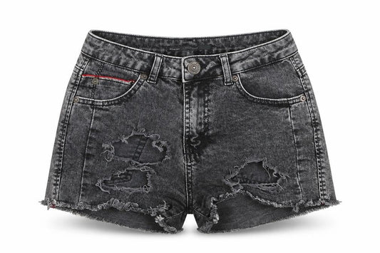 Front view of Collezione women’s black hot pants shorts, size UK 8