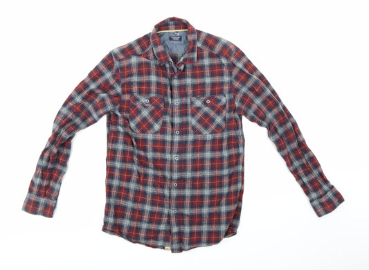 Front view of Boston Crew men’s blue check button-up, size S