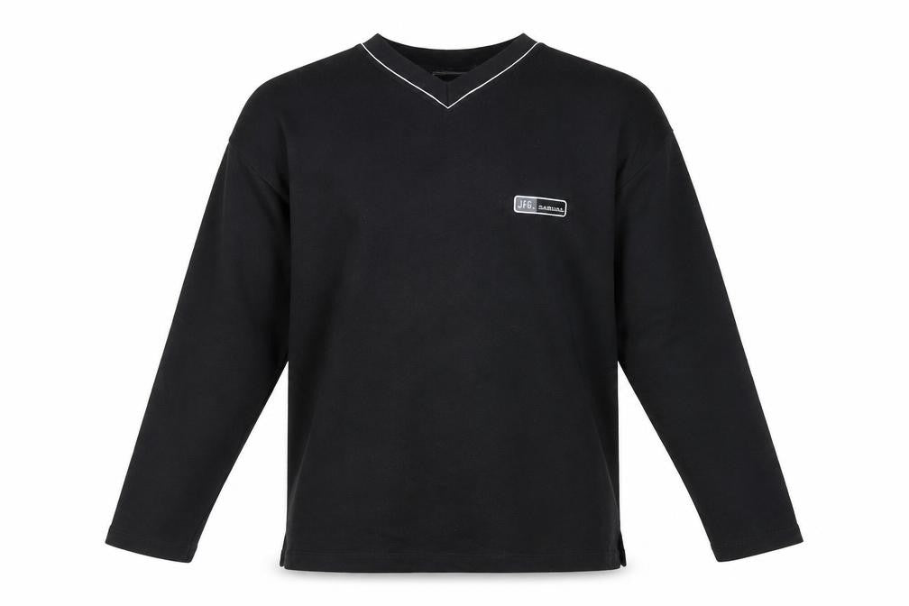 Front view of JFG men’s black pullover sweatshirt, size L