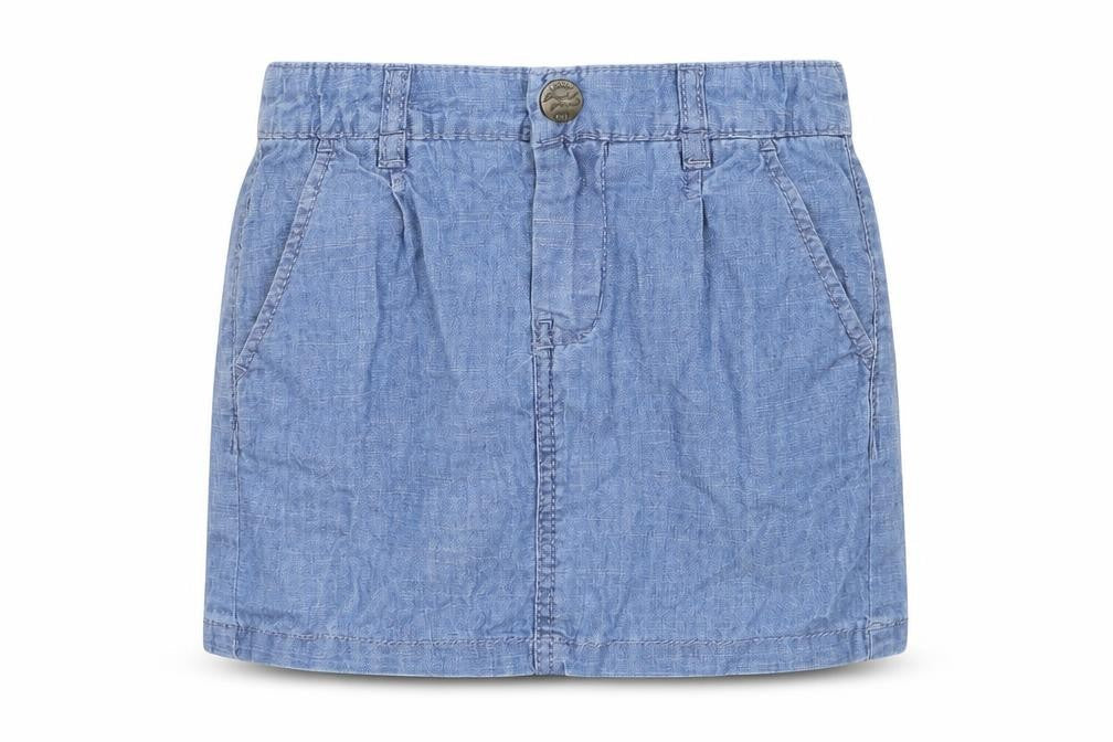 Front view of H&M girls’ blue denim a-line skirt, size 6-7, years