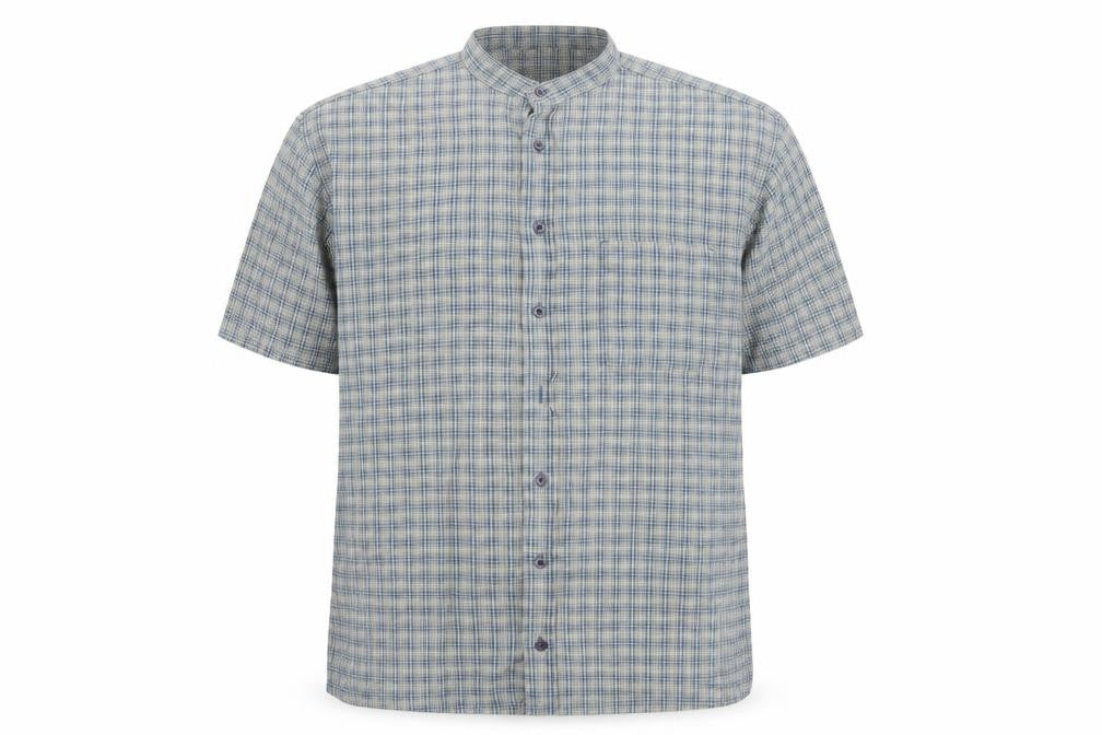 Front view of Stone River men’s blue check button-up, size XL