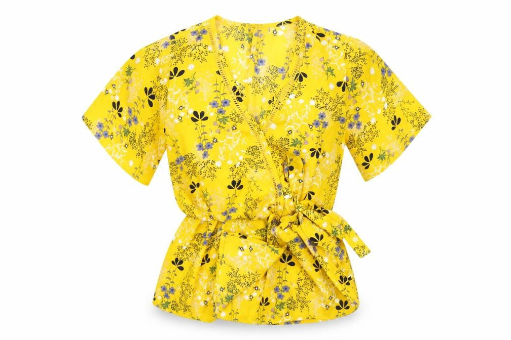 Front view of Sienna Sky women’s yellow floral basic blouse, size XS