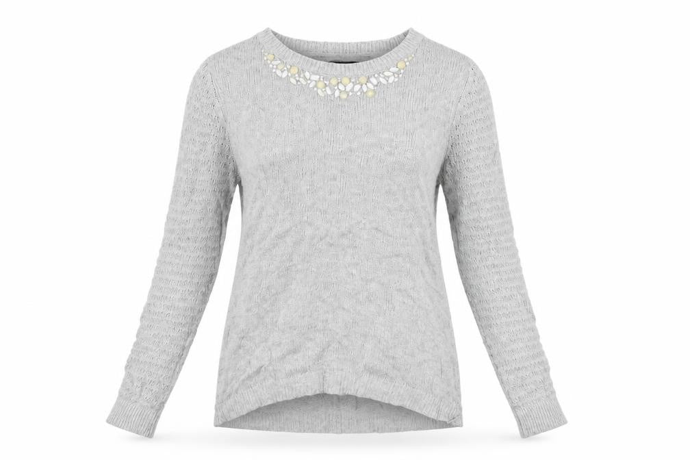 Front view of Dorothy Perkins women’s grey jumper, size UK 10