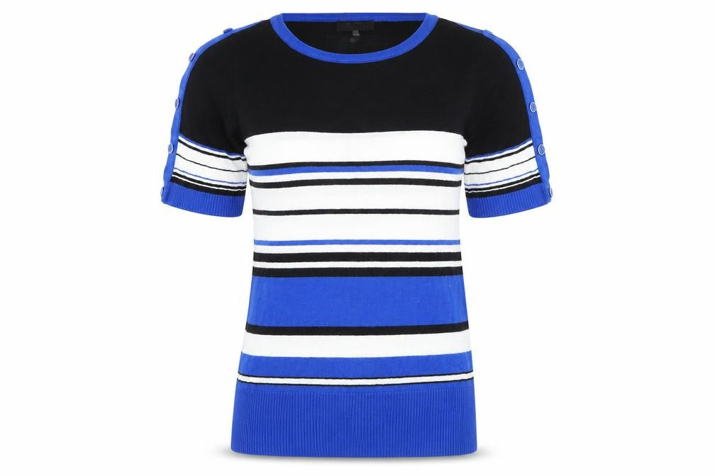 Front view of Peacocks women’s blue striped basic t-shirt, size UK 8