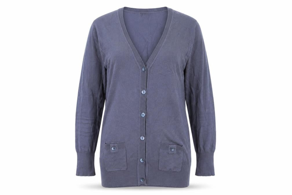Front view of CMD women’s blue cardigan jumper, size L