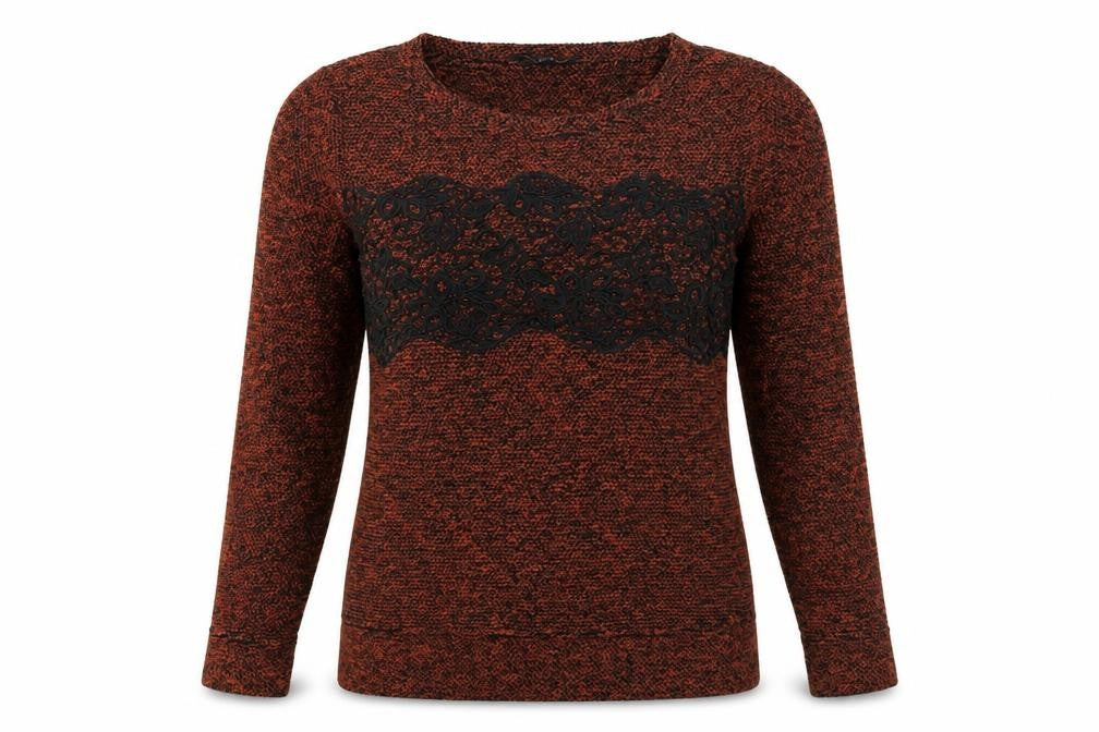 Front view of Next women’s brown floral knit jumper, size UK 8, - lace detail