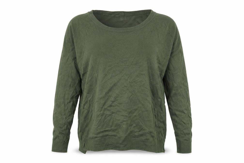 Front view of H&M women’s green jumper, size UK 12