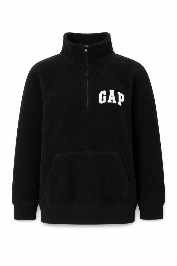 Front view of Gap boys’ black fleece jacket, size S