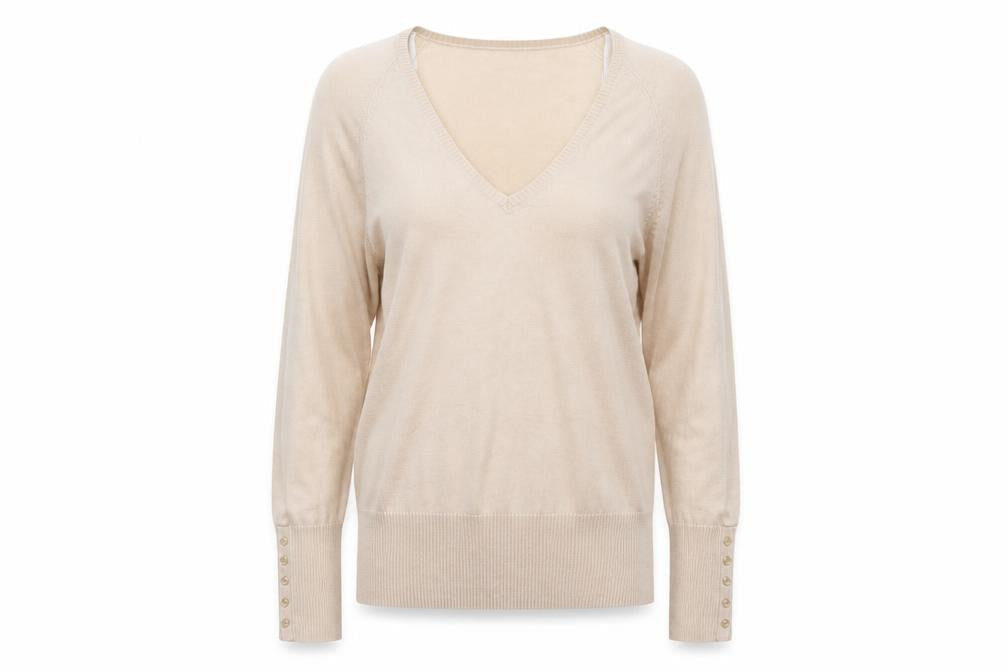 Front view of Preworn women’s beige pullover sweatshirt, size UK 18