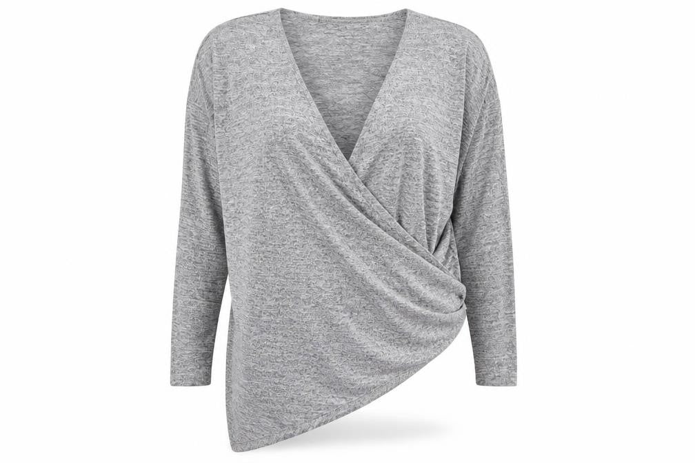 Front view of Boohoo women’s grey wrap blouse, size M