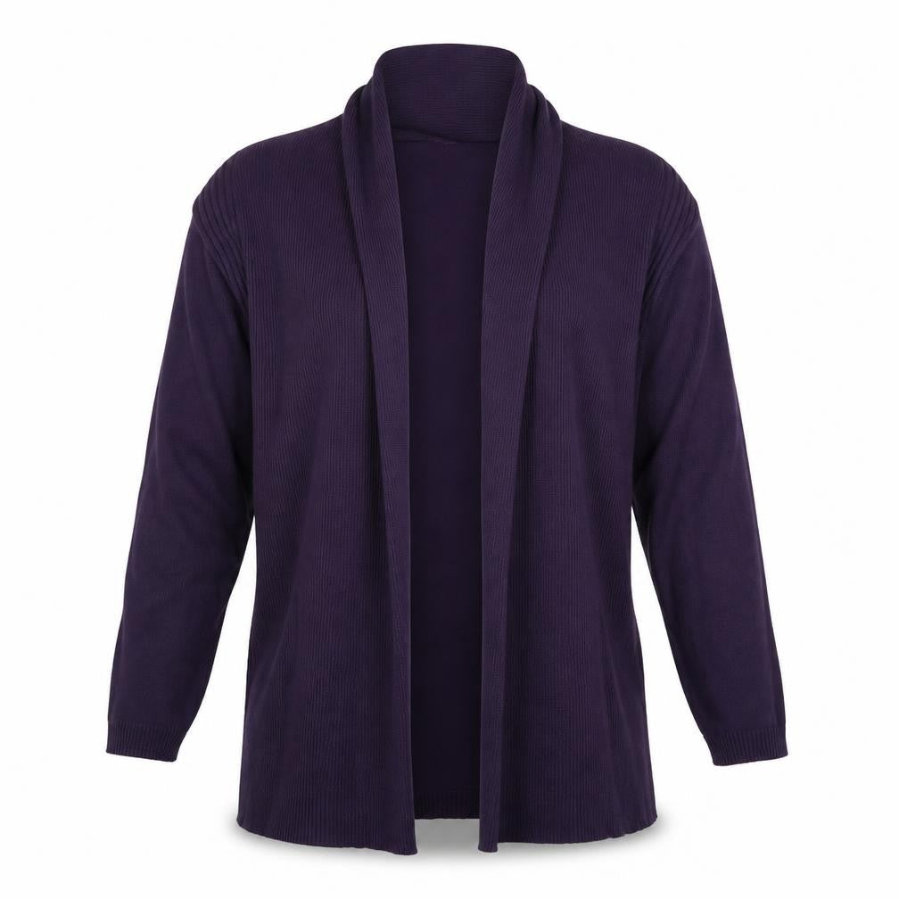 Front view of Mimosa women’s purple knit cardigan jumper, size UK 12