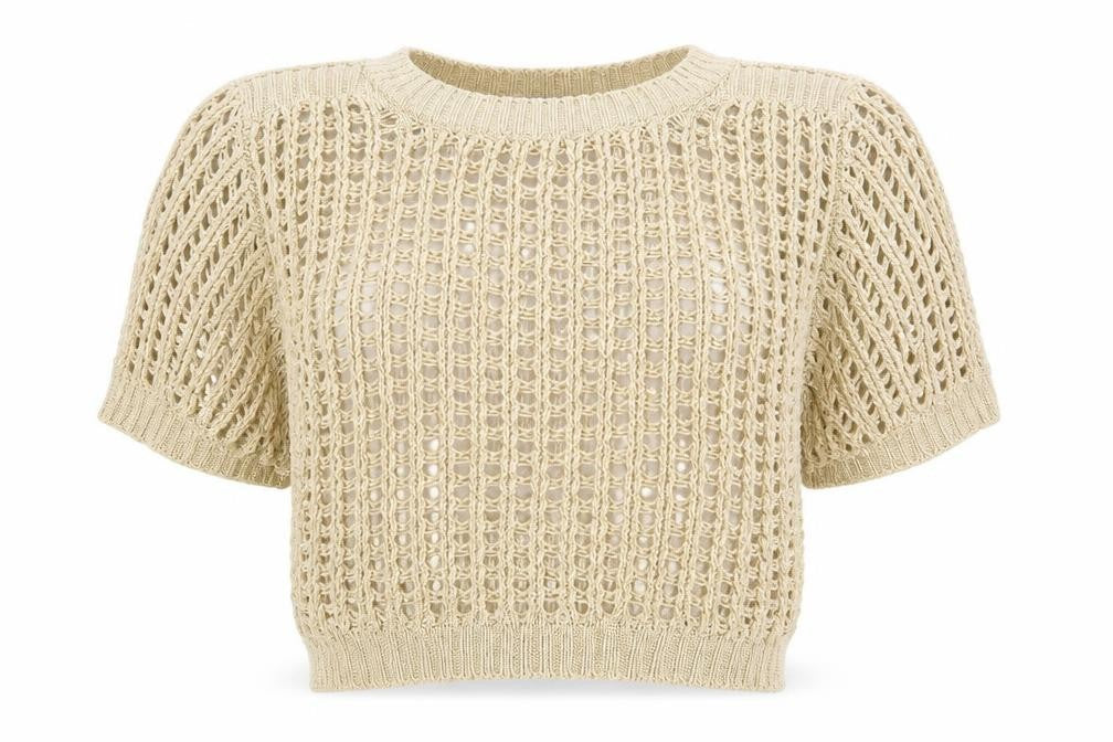 Front view of Et Vous women’s beige knit jumper, size UK 16