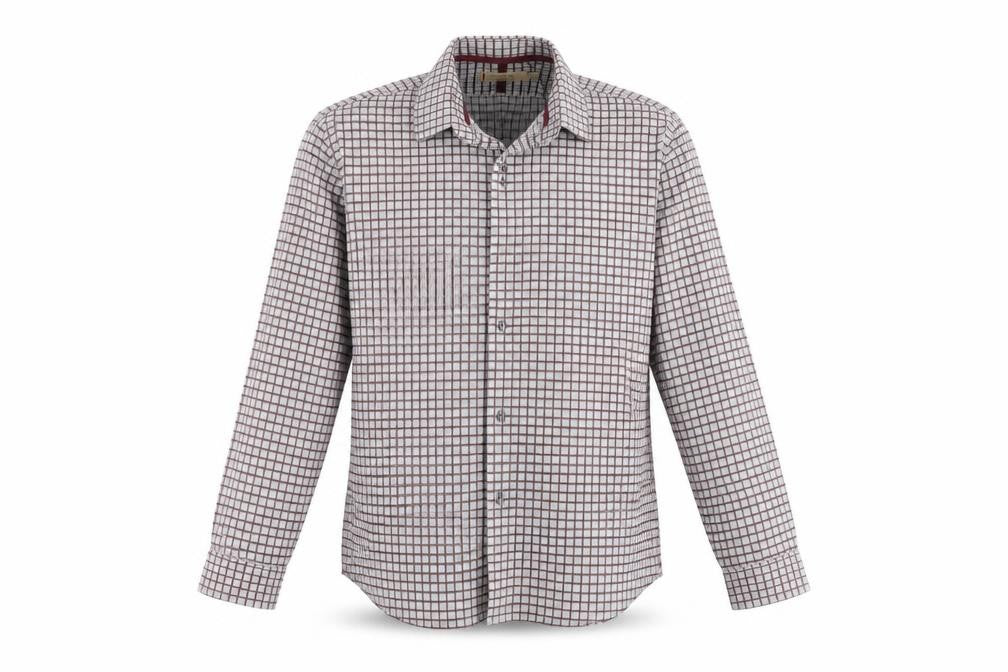 Front view of collezione men’s grey check button-up, size L
