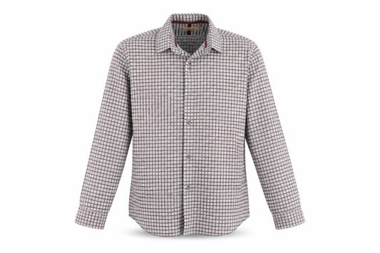 Front view of collezione men’s grey check button-up, size L