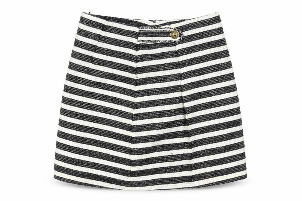 Front view of Preworn women’s white striped a-line skirt, size UK 8