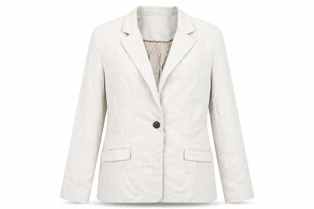 Front view of Mango women’s beige jacket blazer, size UK 14