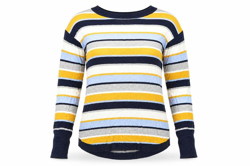 Front view of Le Bon Marché women’s blue striped jumper, size UK 12