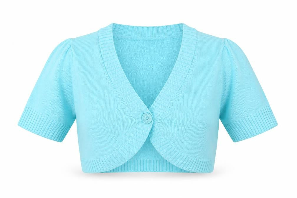 Front view of Damart women’s blue knit cardigan jumper, size UK 10