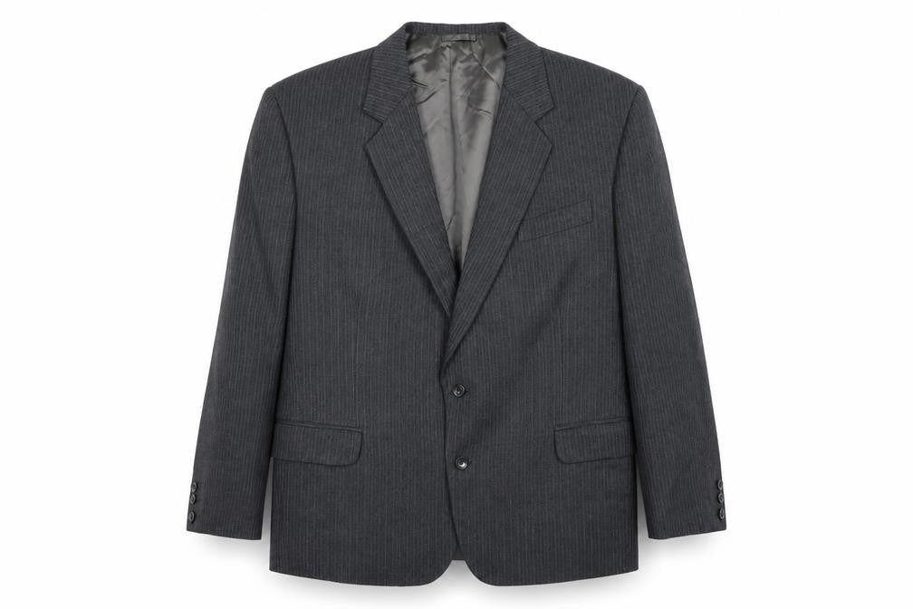 Front view of Preworn men’s blue striped rayon jacket suit jacket, size 40