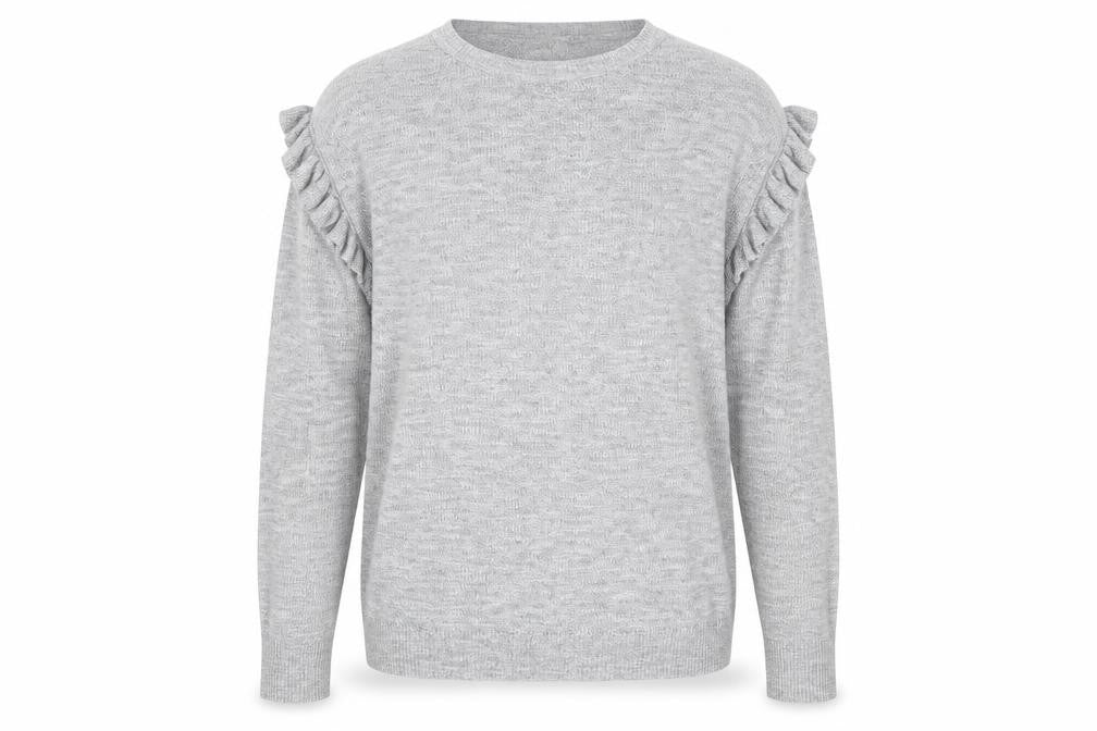Front view of Papaya women’s grey jumper, size S, - ruffle sleeve