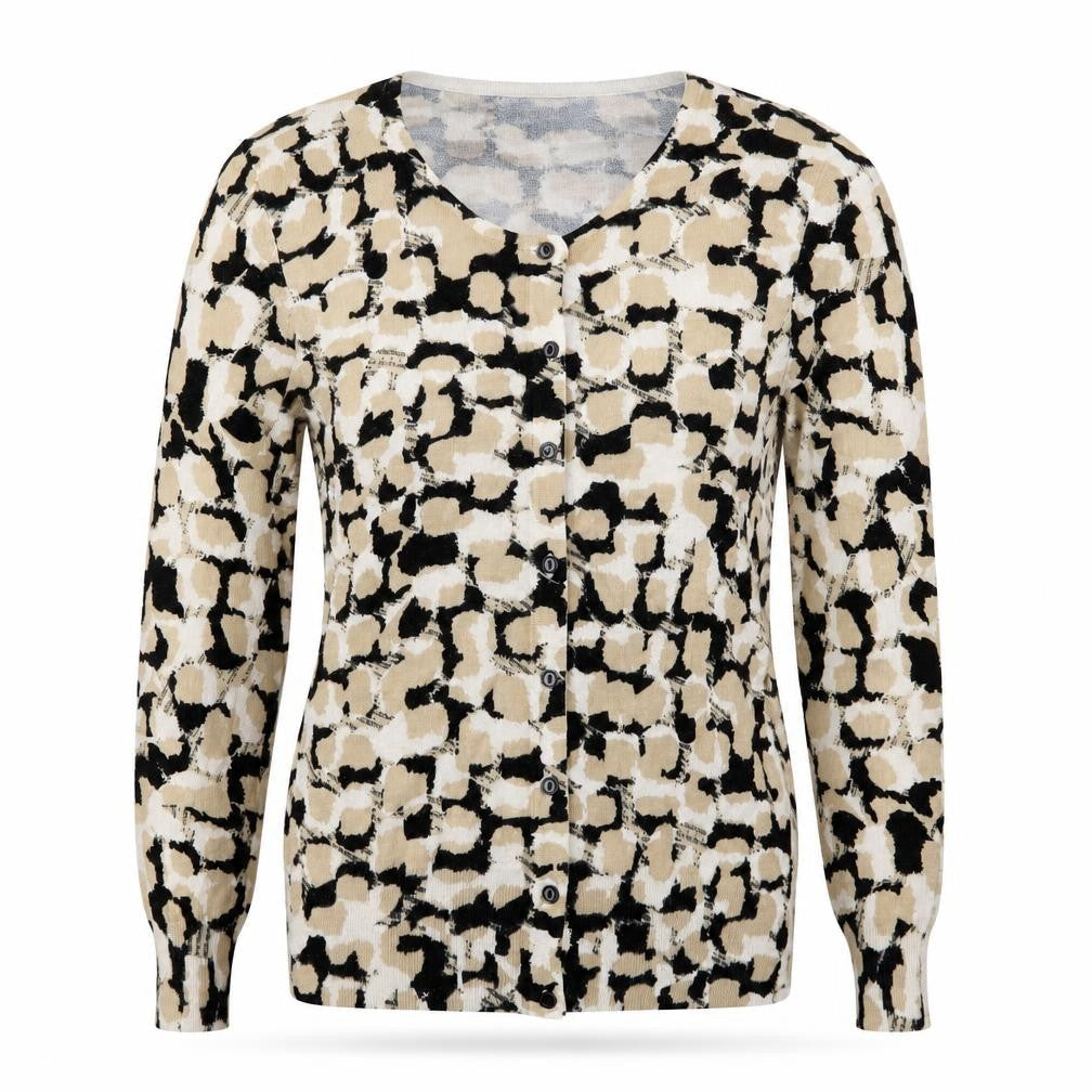 Front view of Pomodoro women’s beige geometric knit cardigan jumper, size UK 10