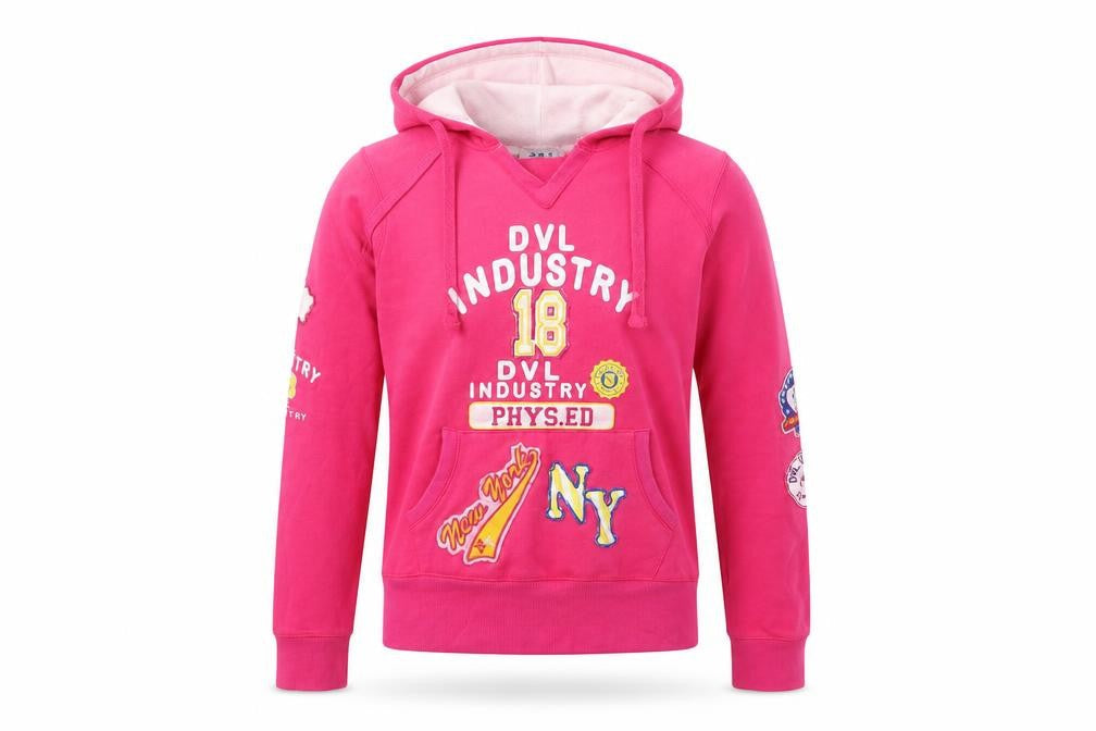 Front view of silver dagger women’s pink pullover hoodie, size S