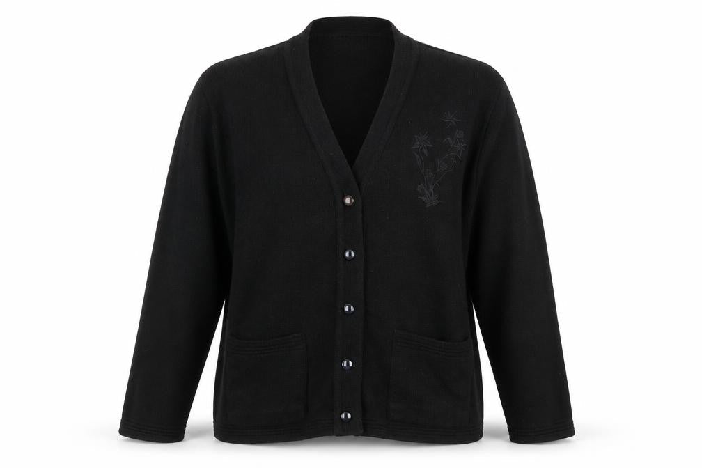 Front view of Jennifer women’s black knit cardigan jumper, size M