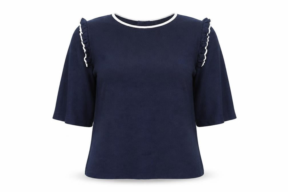 Front view of Per Una women’s blue knit jumper, size UK 16