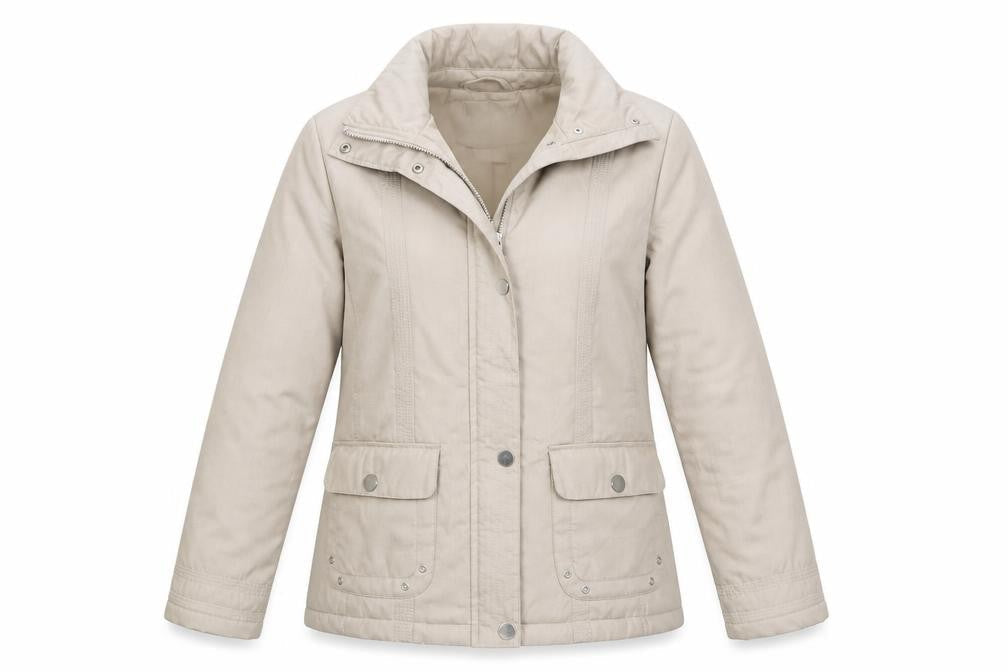 Front view of Classics women’s beige jacket coat, size S