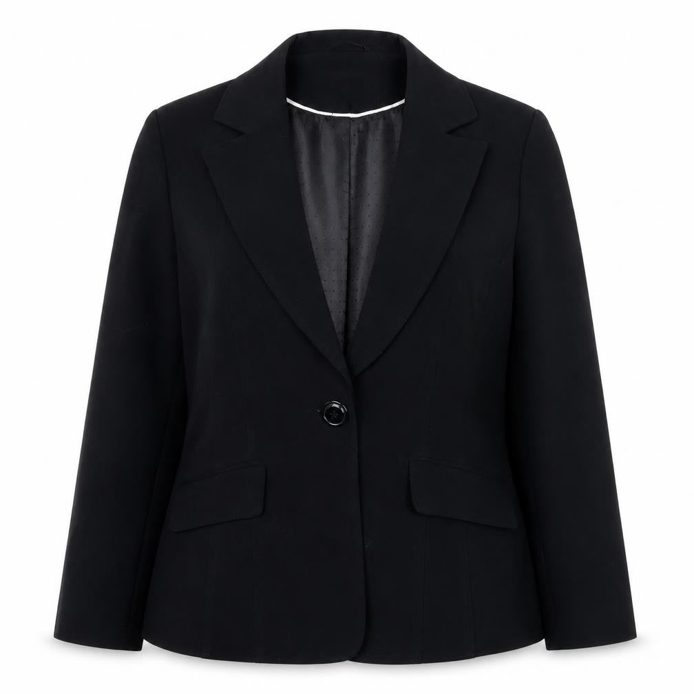 Front view of EWM women’s black jacket suit jacket, size UK 14