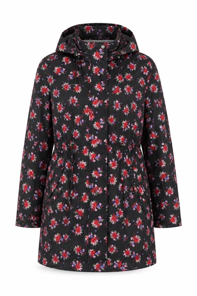 Front view of Tu women’s black floral anorak coat, size S