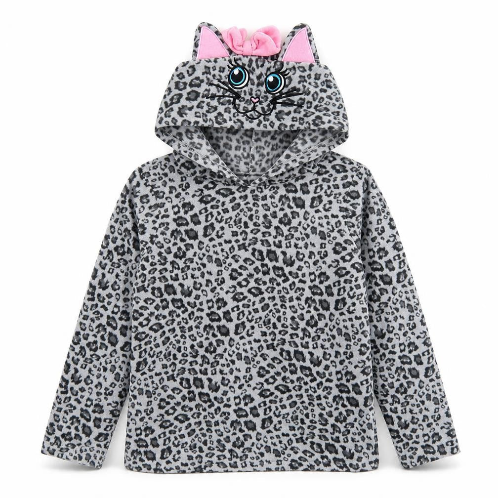 Front view of George girls’ grey animal print top pyjama top, size 12, years - cat hood