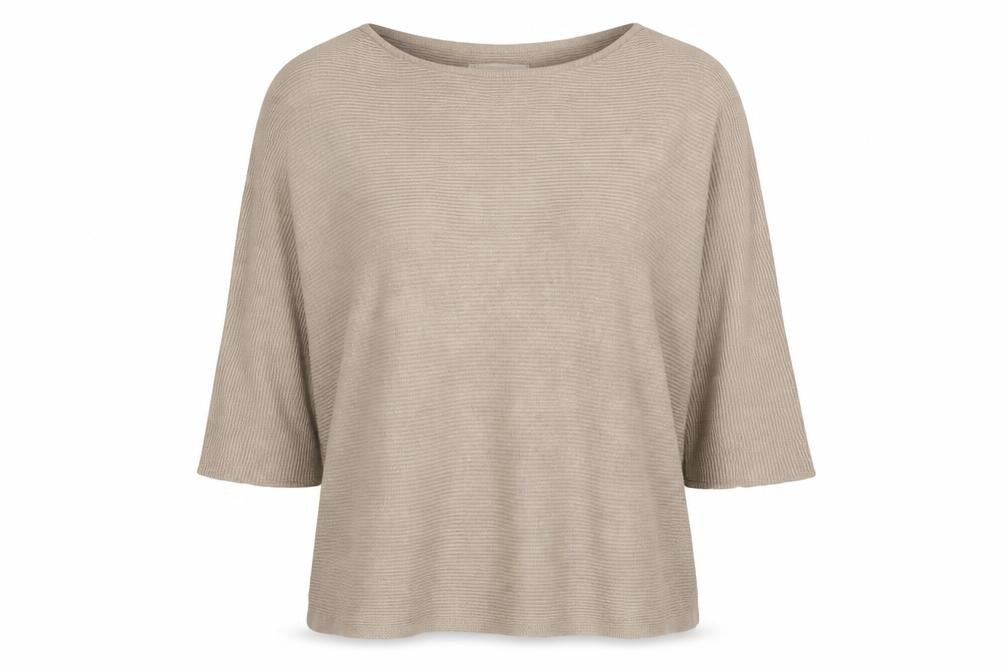 Front view of H&M women’s beige striped jumper, size UK 10