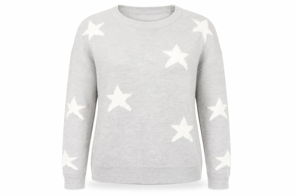 Front view of Brave Soul women’s grey knit jumper, size UK 12, - stars