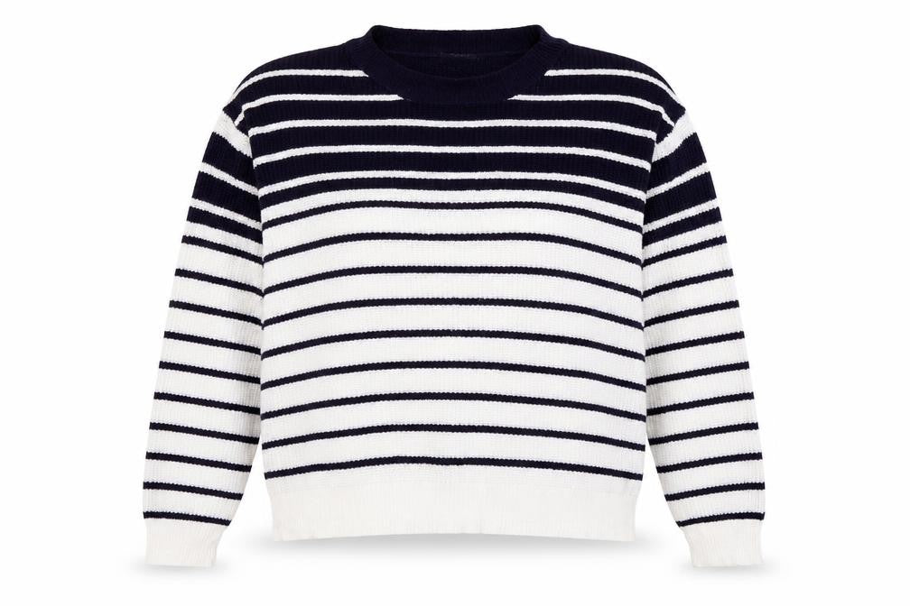 Front view of Studio women’s blue striped jumper, size UK 20