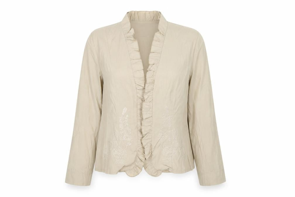Front view of oscar B women’s beige floral jacket, size UK 12