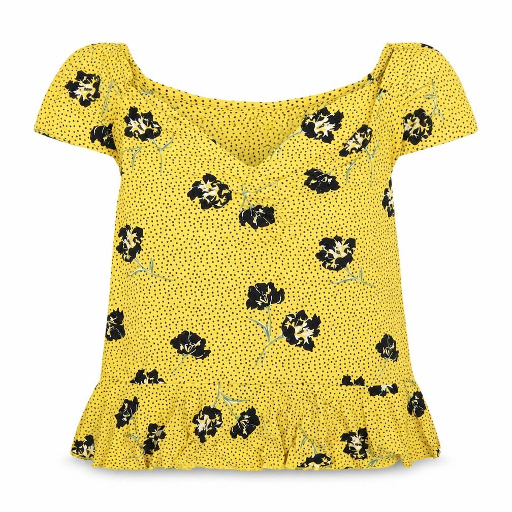 Front view of River Island women’s yellow floral tunic tank, size UK 10