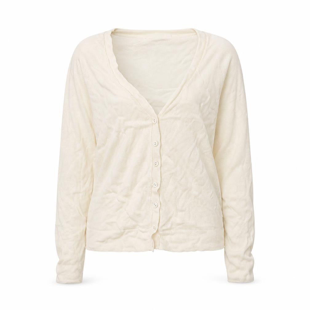 Front view of Marks & Spencer women’s beige knit cardigan jumper, size UK 14