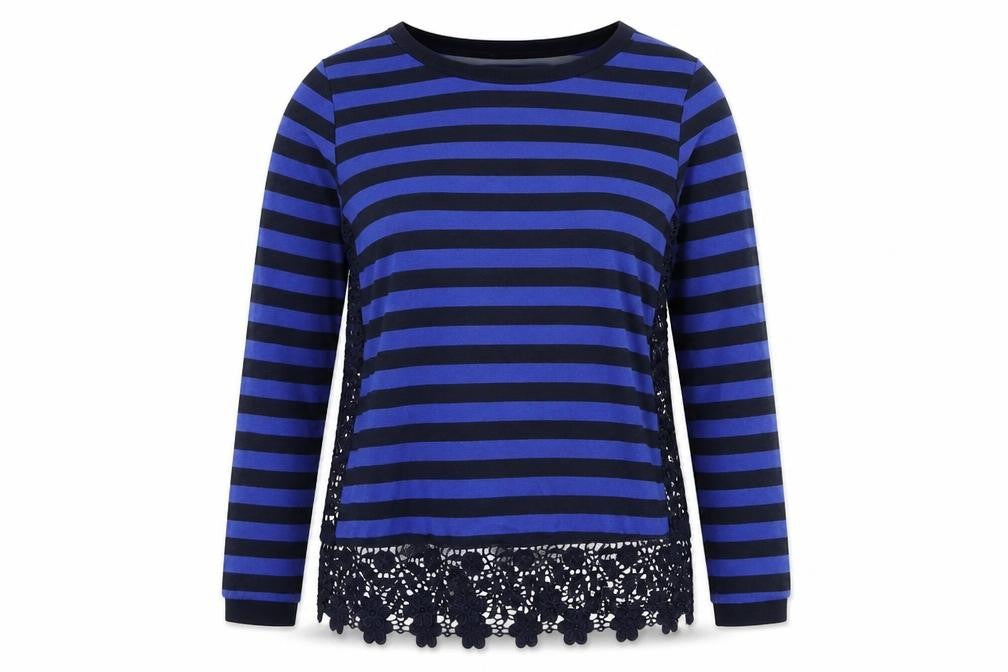 Front view of Next women’s blue striped jumper, size UK 8