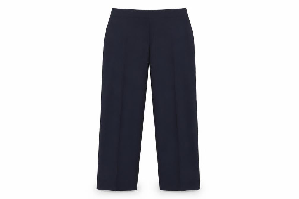 Front view of Le Bon Marché women’s blue trousers, size UK 12, 29-inch leg