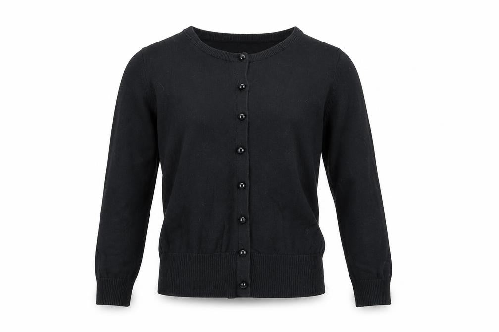 Front view of Indigo girls’ black cardigan jumper, size 11-12, years