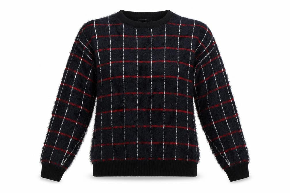 Front view of Marks & Spencer women’s black check jumper, size UK 6