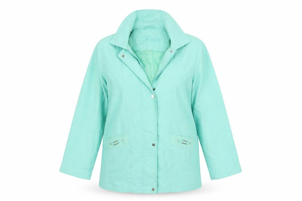 Front view of Finesse women’s green jacket coat, size UK 10