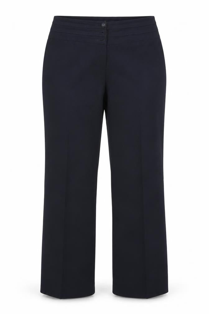 Front view of Marks & Spencer women’s blue trousers, size UK 16, 27-inch leg