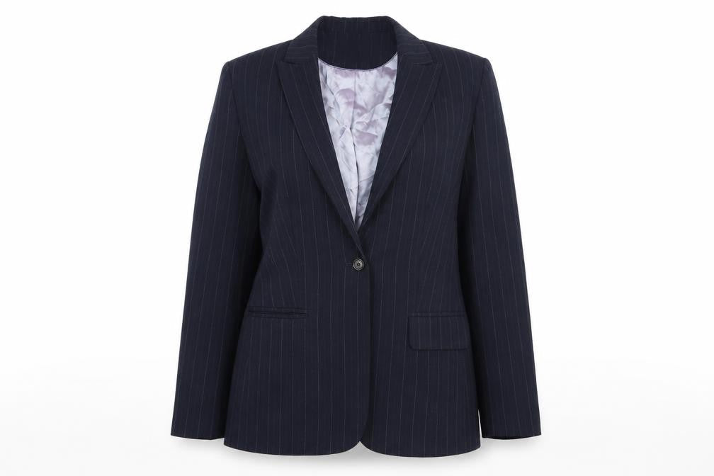 Front view of Autonomy women’s blue striped rayon jacket suit jacket, size UK 14