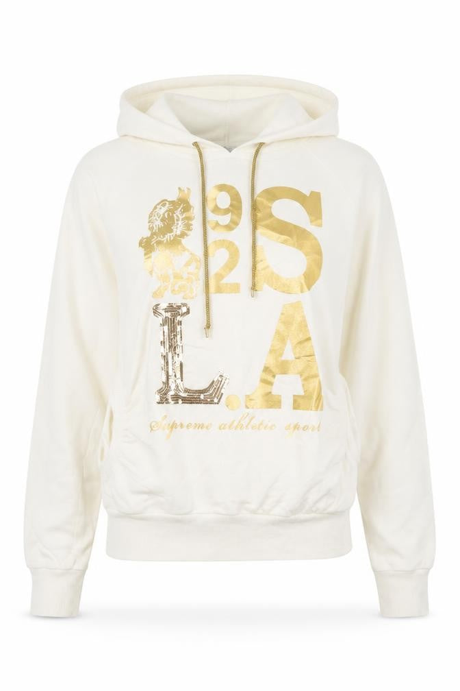 Front view of Select women’s white pullover hoodie, size S, - la